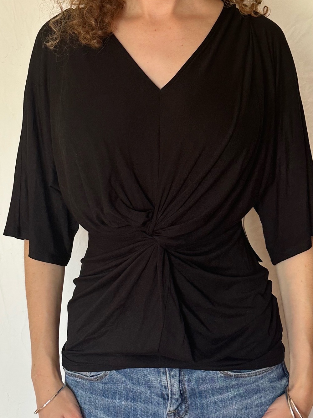 New York & Company Black Twist-Front V-Neck Top